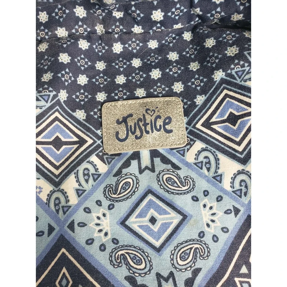 Justice Girls‎ Blue Paisley Geometric Duffle Bag Glitter Logo Crossbody Strap